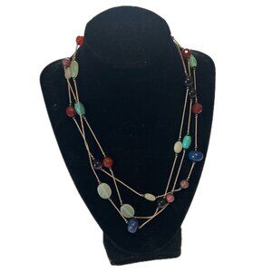 Sterling Silver Semi Precious Gemstone Triple Strand Necklace Turquoise Lapis +